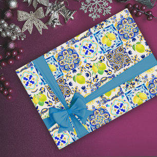 Papier Cadeau Bleu d'été italien majolique Citrus sicilien