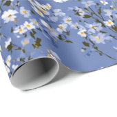 Papier Cadeau Bleu doux fleurs blanches Ditsy pastel boho 70s (Coin rond)