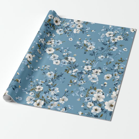 Papier Cadeau Bleu doux fleurs blanches Ditsy pastel boho 70s (Déroulé)