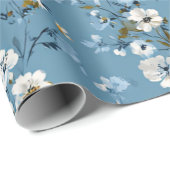 Papier Cadeau Bleu doux fleurs blanches Ditsy pastel boho 70s (Coin rond)