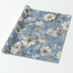 Papier Cadeau Bleu doux fleurs Ditsy blanc Pastel Boho 70s 
