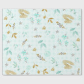 Papier Cadeau Bleu Doux Paillettes D'or Aquarelle Floral (Plat)