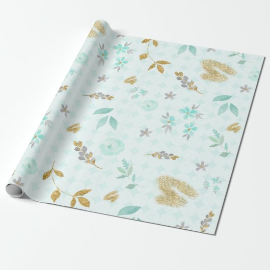 Papier Cadeau Bleu Doux Paillettes D'or Aquarelle Floral (Déroulé)