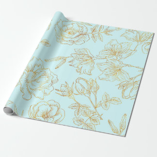 Papier Cadeau Bleu en pastel, avec des roses d'or
