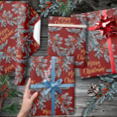 Papier Cadeau Bleu épicéa Baies rouges Baies d'or Joyeux Noël