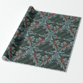 Papier Cadeau Bleu Épinette Baies Rouges Latte Forêt Vert (Déroulé)