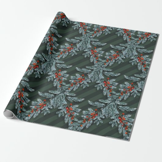 Papier Cadeau Bleu Épinette Baies Rouges Latte Forêt Vert (Déroulé)