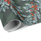 Papier Cadeau Bleu Épinette Baies Rouges Latte Forêt Vert (Coin rond)