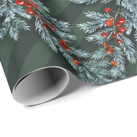 Papier Cadeau Bleu Épinette Baies Rouges Latte Forêt Vert (Coin rond)