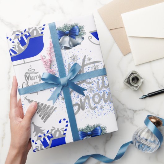 Papier Cadeau Bleu et argent Laisser neiger sur blanc | (Cadeaux)
