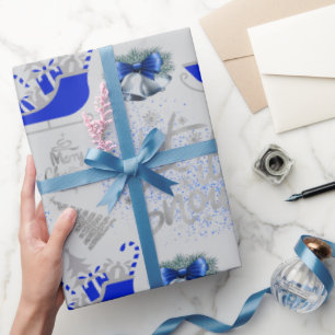 Papier Cadeau Bleu et argent Laisser neiger sur gris clair