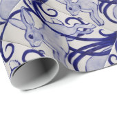Papier Cadeau Bleu et blanc Art déco Lapin Carrelage Cadeau (Coin rond)