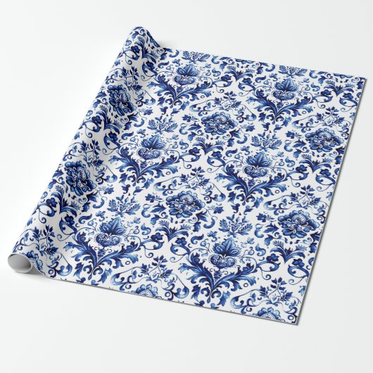 Papier Cadeau Bleu et blanc Delft style ornement floral motif (Déroulé)