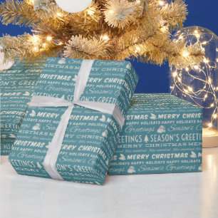 Papier Cadeau Bleu et blanc Joyeux Noël Retro Typographie