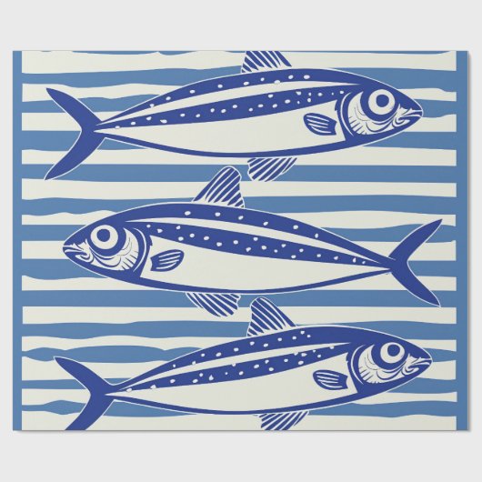 Papier Cadeau Bleu et blanc Sardines Grandes (Plat)