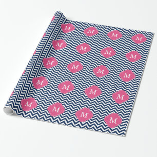 Papier Cadeau Bleu et monogramme de motif de zigzags de Fuschia