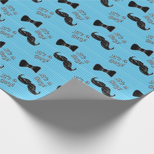 Papier Cadeau Bleu et noir Mustache Bow Cravate C'est un garçon (Coin)