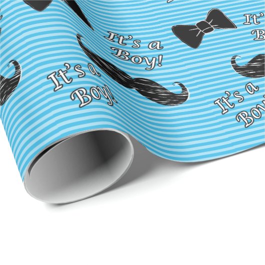 Papier Cadeau Bleu et noir Mustache Bow Cravate C'est un garçon  (Coin rond)
