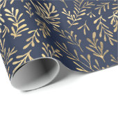 Papier Cadeau Bleu et or Abstrait Art Déco Motif Feuille  (Coin rond)
