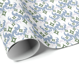 Papier Cadeau bleu et vert damas ornement pointillisme