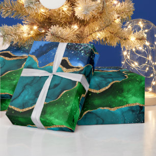 Papier Cadeau Bleu et vert Peacock Faux Parties scintillant Agat