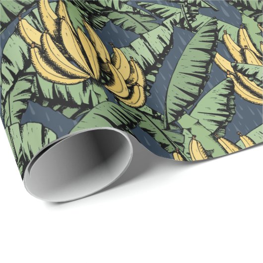Papier Cadeau Bleu Exotique Bananes et Feuilles (Coin rond)