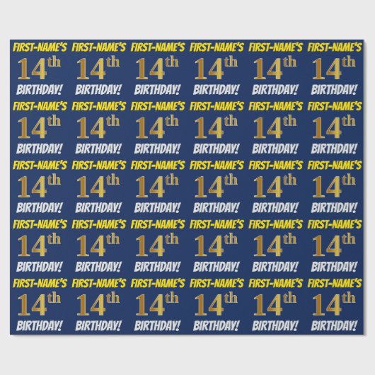 Papier Cadeau Bleu, Faux/Imitation Or, "14e anniversaire" (Plat)