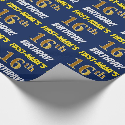 Papier Cadeau Bleu, Faux/Imitation Or, "16ème anniversaire" (Coin)