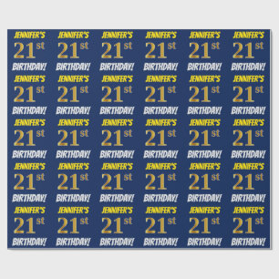 Papier Cadeau Bleu, Faux/Imitation Or, "21e ANNIVERSAIRE"