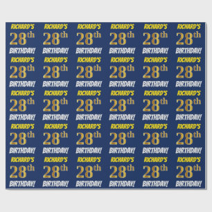 Papier Cadeau Bleu, Faux/Imitation Or, "28e ANNIVERSAIRE"