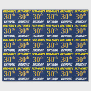 Papier Cadeau Bleu, Faux/Imitation Or, "30e ANNIVERSAIRE"