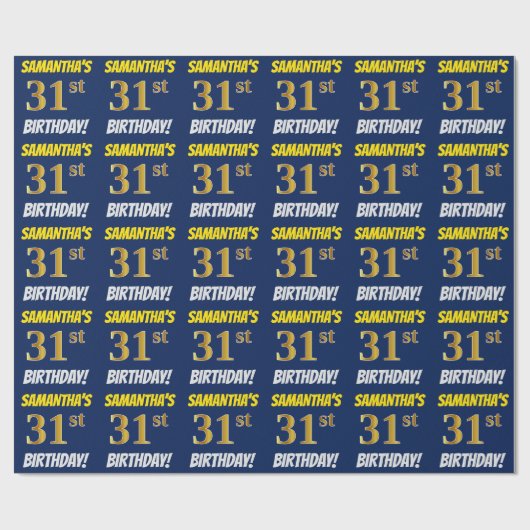 Papier Cadeau Bleu, Faux/Imitation Or, "31e ANNIVERSAIRE" (Plat)