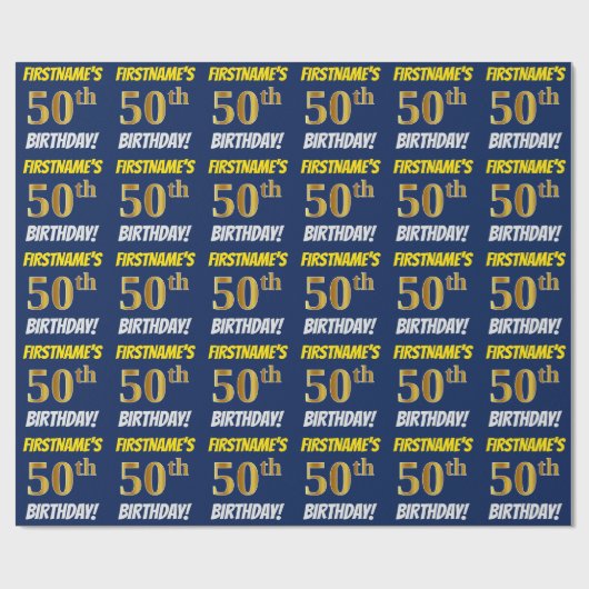 Papier Cadeau Bleu, Faux/Imitation Or, "50e ANNIVERSAIRE" (Plat)