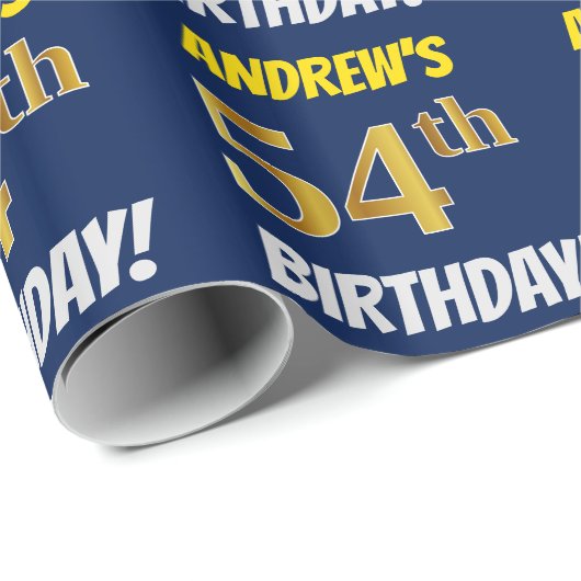 Papier Cadeau Bleu, Faux/Imitation Or, "54e anniversaire" (Coin rond)