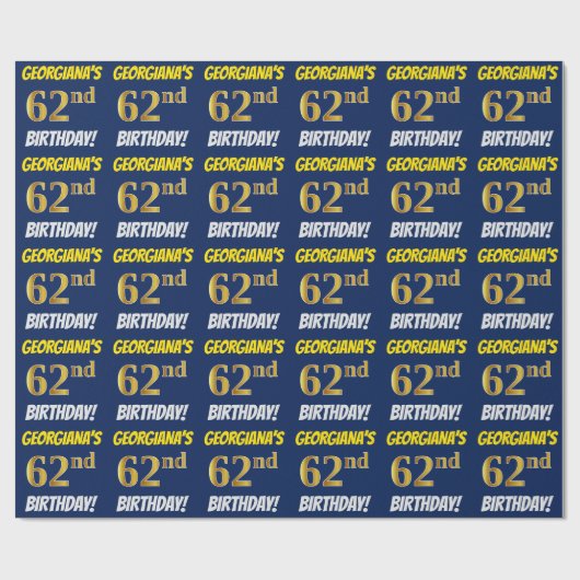 Papier Cadeau Bleu, Faux/Imitation Or, "62e anniversaire" (Plat)