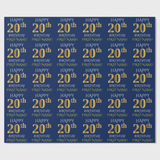 Papier Cadeau Bleu, Faux Or "HEUREUX 20e anniversaire" (Plat)