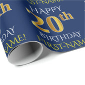Papier Cadeau Bleu, Faux Or "HEUREUX 20e anniversaire" (Coin rond)