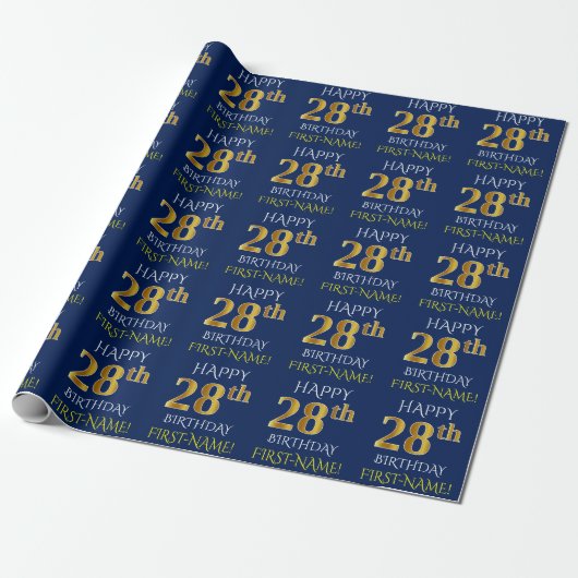 Papier Cadeau Bleu, Faux Or "HEUREUX 28ème anniversaire" (Déroulé)
