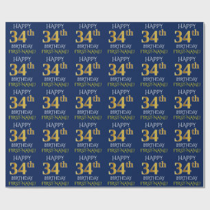 Papier Cadeau Bleu, Faux Or "HEUREUX 34ème anniversaire"
