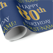 Papier Cadeau Bleu, Faux Or "HEUREUX 80e ANNIVERSAIRE" (Coin rond)