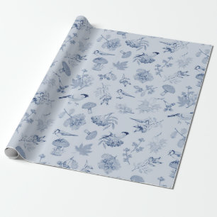 Papier Cadeau Bleu Feuilles d'automne Berries Oiseaux Vintages B