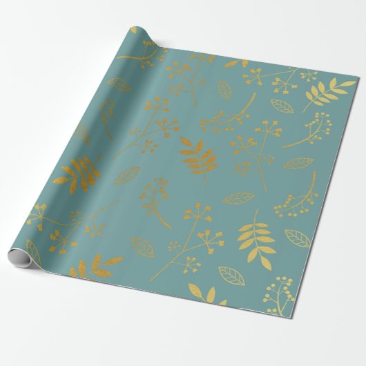 Papier Cadeau Bleu floral botanique d'ardoise de feuille d'or de (Déroulé)