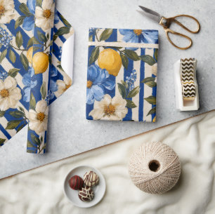 Papier Cadeau Bleu Floral Rayure Élégante Lemon 