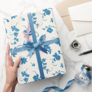 Papier Cadeau Bleu Floral Rococo Ivoire Élégant