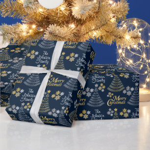 Papier Cadeau Bleu foncé et argent - Arbre de Noël en Grille d