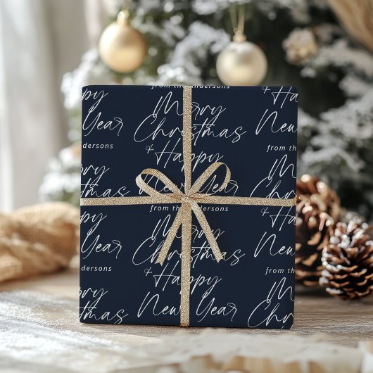 Papier Cadeau Bleu foncé Moderne Joyeux Noël & Bonne Année