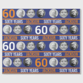 Papier Cadeau Bleu foncé orange 60e anniversaire photo (Plat)