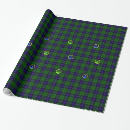 PAPIER CADEAU BLEU GREEN ÉCOSSE TARTAN, SAPPHIRE EMERALD GEMS (Déroulé)