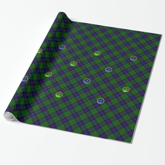 PAPIER CADEAU BLEU GREEN ÉCOSSE TARTAN, SAPPHIRE EMERALD GEMS (Déroulé)