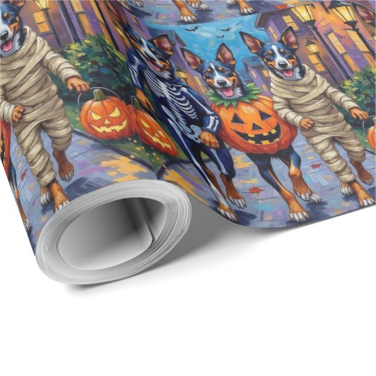 Papier Cadeau Bleu Heeler Chiens Trick-or-Treating in Halloween  (Coin rond)